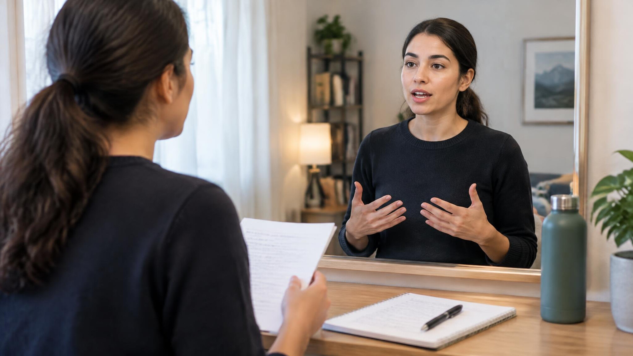 woman practicing speech in mirror