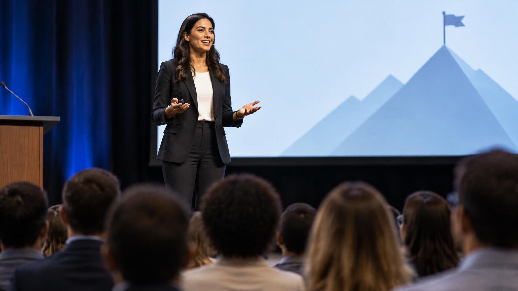 confident speaker on stage