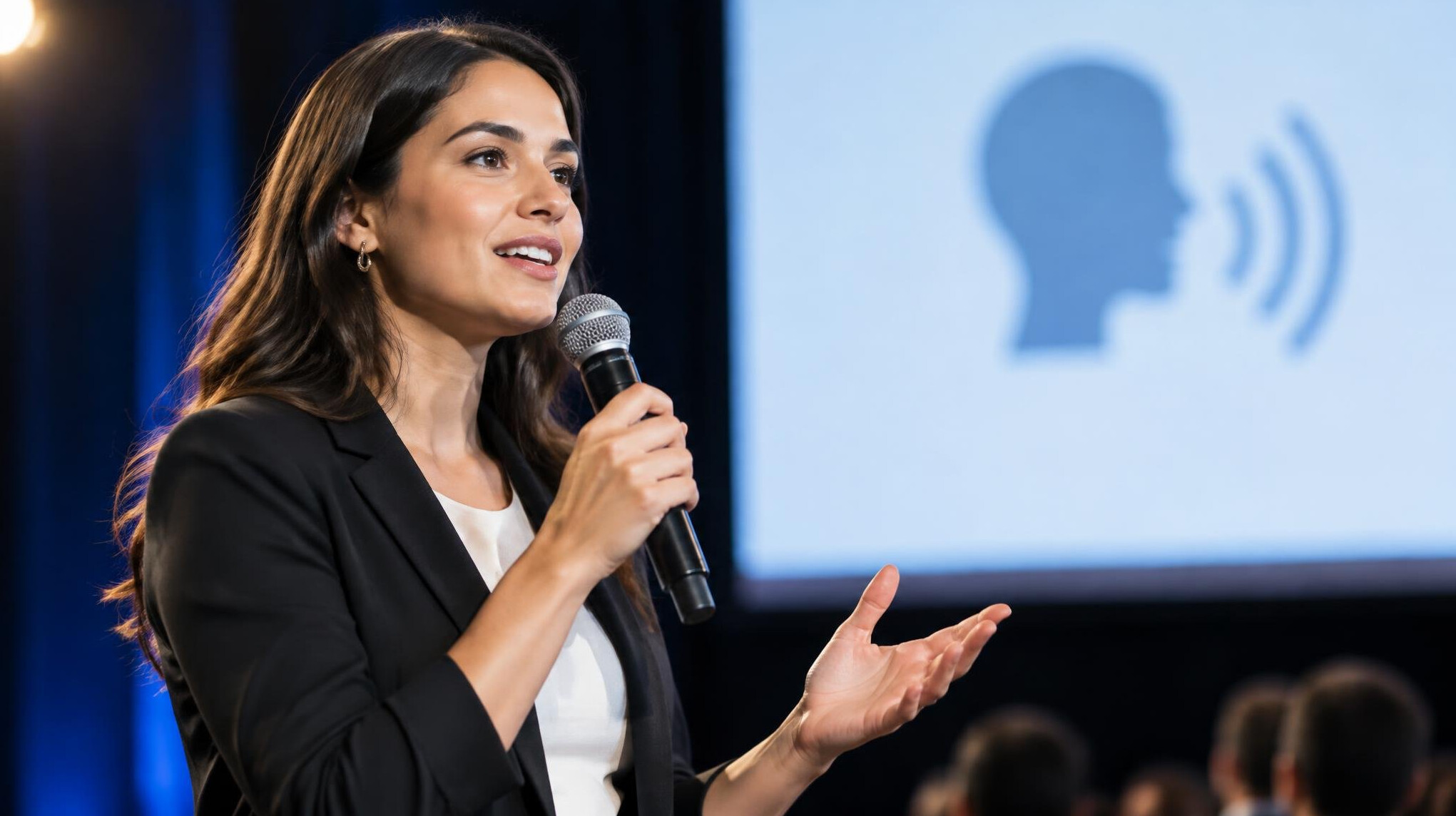 confident speaker on stage