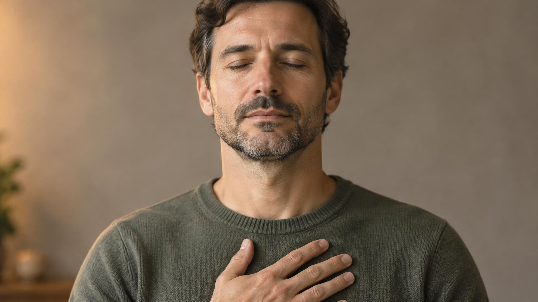 Close-up of a person practicing a breathing exercise with hand on chest