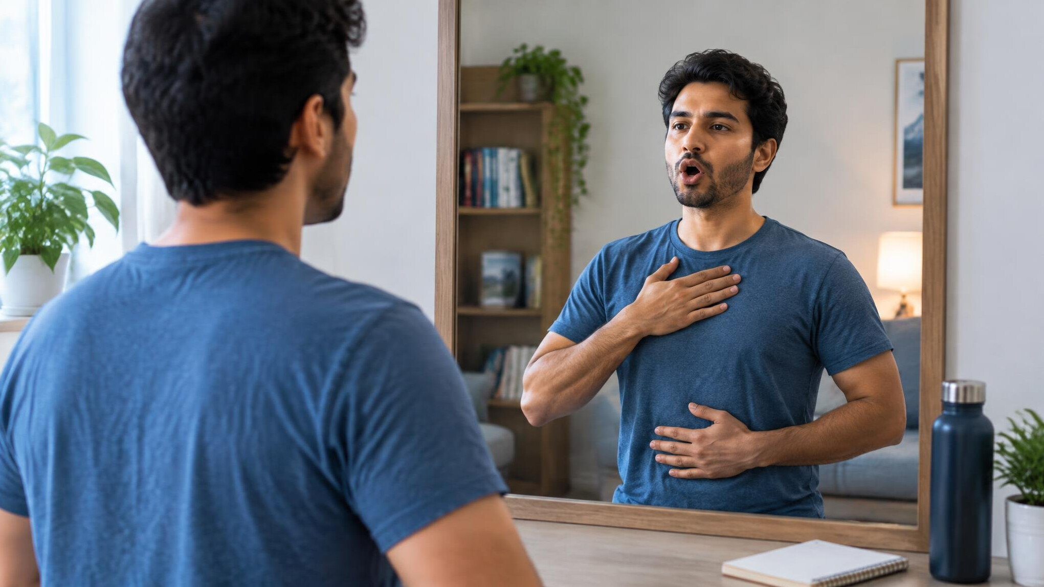 man training voice in mirror