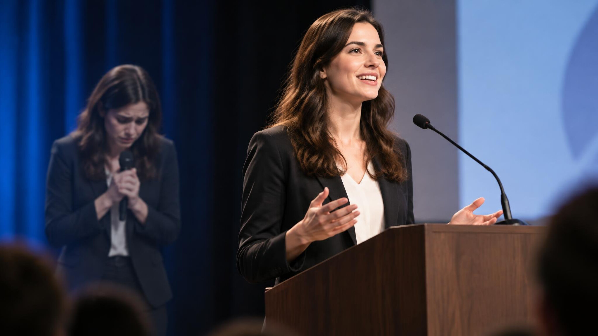 confident speaker on stage